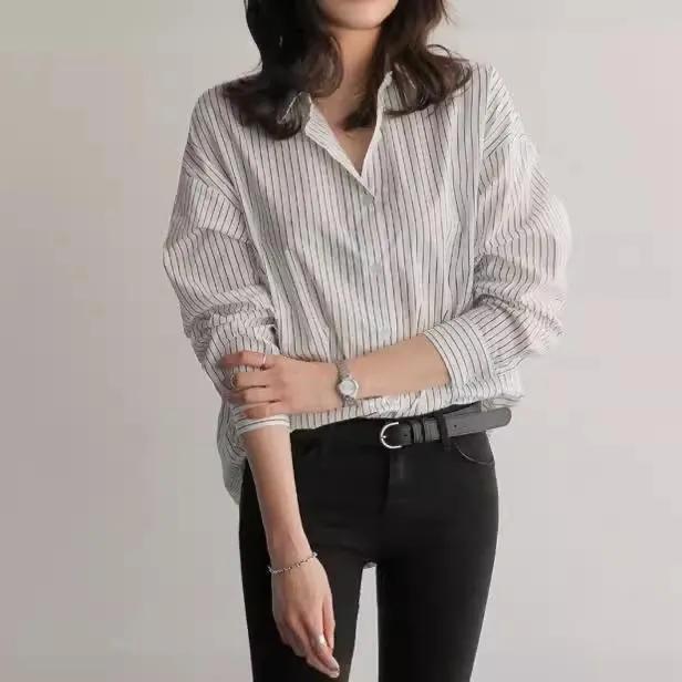 Spring Autumn Women's Striped Blouse Long Sleeve Single Breasted Casual Loose Korean Shirts Top Female
