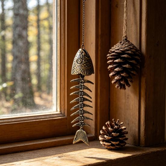 Fish Skeleton Windchime Vintage Metal Fish Bone Wind Chime Outdoor Hanging Bell with Soothing