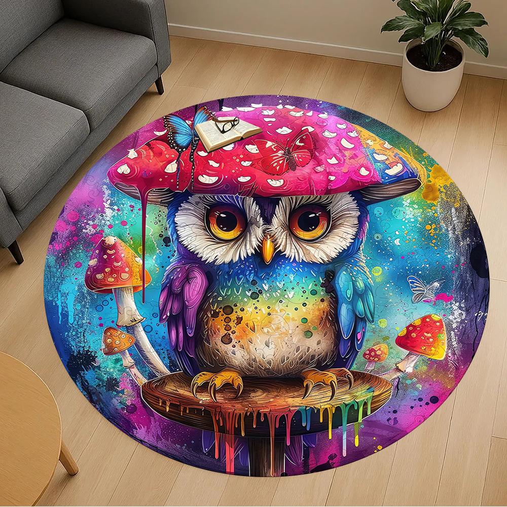 1pc Owl Mushroom Pattern Office Round Rugs, Under Chair Round Rugs for Living Room, Bedroom, Bathroom Decoration Carpet 091849