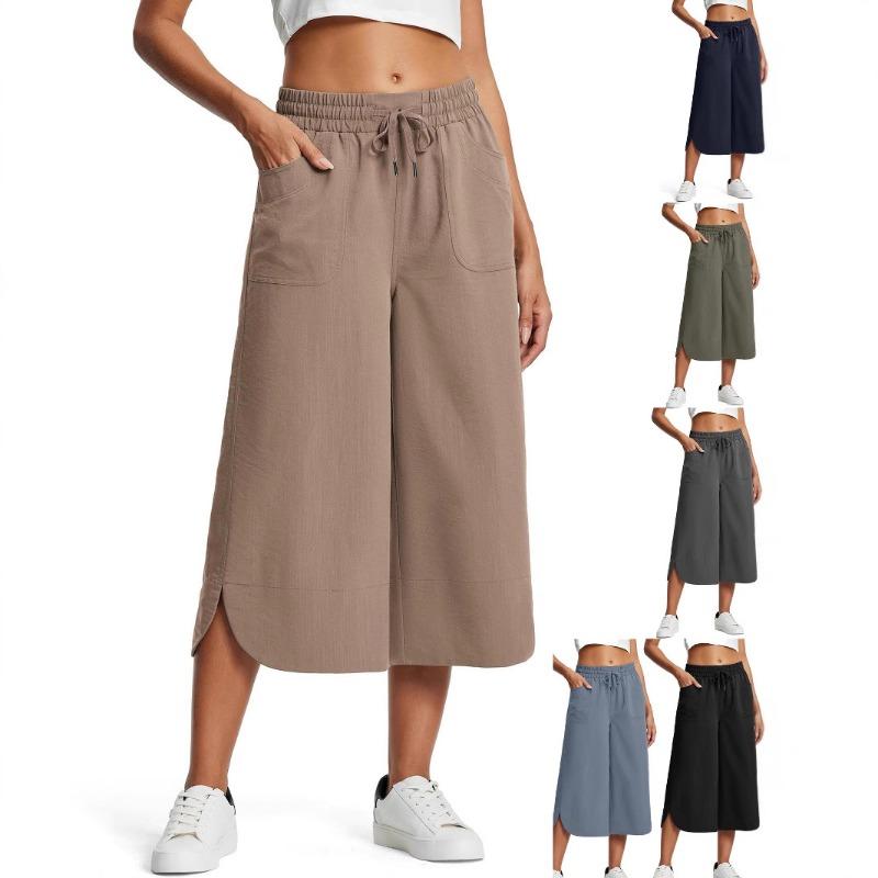 Women's Spring Summer Elastic Waist Wide Leg Loose Casual Capri Pants