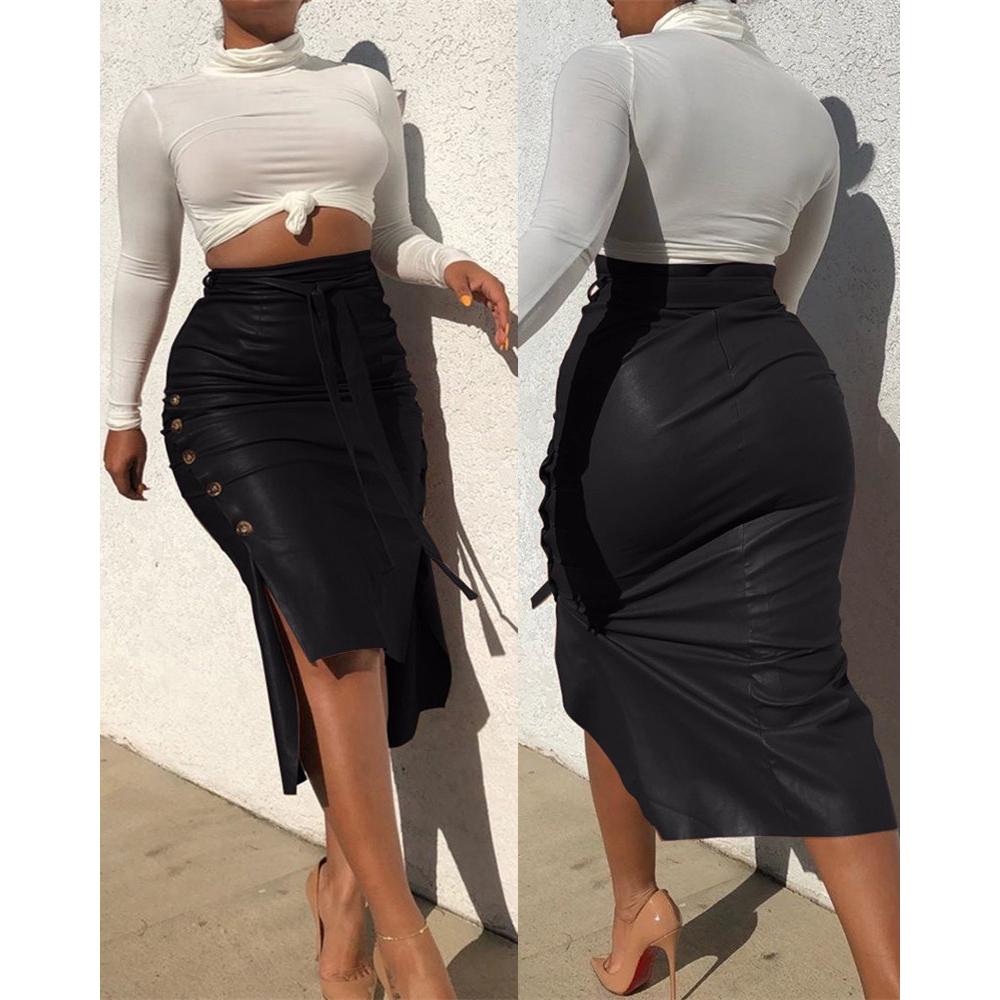 Women Fashion Pu Leather Midi Skirt Slim High Waist Package Hip Skirts