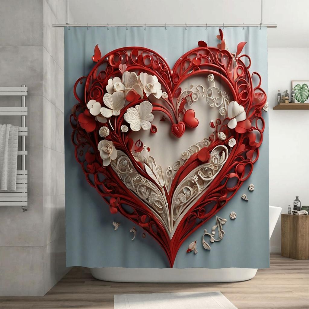 3D Red Heart with Flowers Shower Curtain | Romantic and Elegant Bathroom Decor