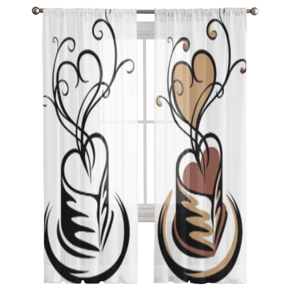 Záclony s potiskem šálku kávy ve tvaru srdce pro okno obývacího pokoje Průhledná záclona z voálu a tylu Závěsy do ložnice Domácí dekorace