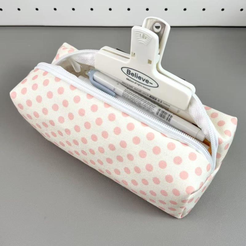 Canvas Pencil Case Polka Dot Bow Cat Star Print Sturdy Zipper Perfect For Students Daily Stationery Storage