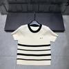 Miu Style 2026 Spring Round Neck Embroidered Stripe Knit Top - Short Sleeve, Youthful & Versatile.