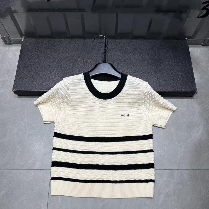 Miu Style 2026 Spring Round Neck Embroidered Stripe Knit Top - Short Sleeve, Youthful & Versatile.