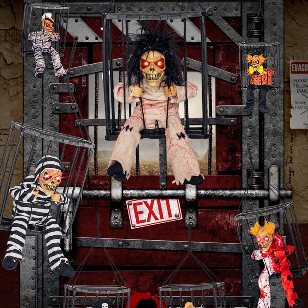Halloween Hanging Ghost Toy with Motion Sensor & LED Eyes Scary Prisoner Cage Ghost Battery Voice Activated Eerie Screams Zombie Decoration