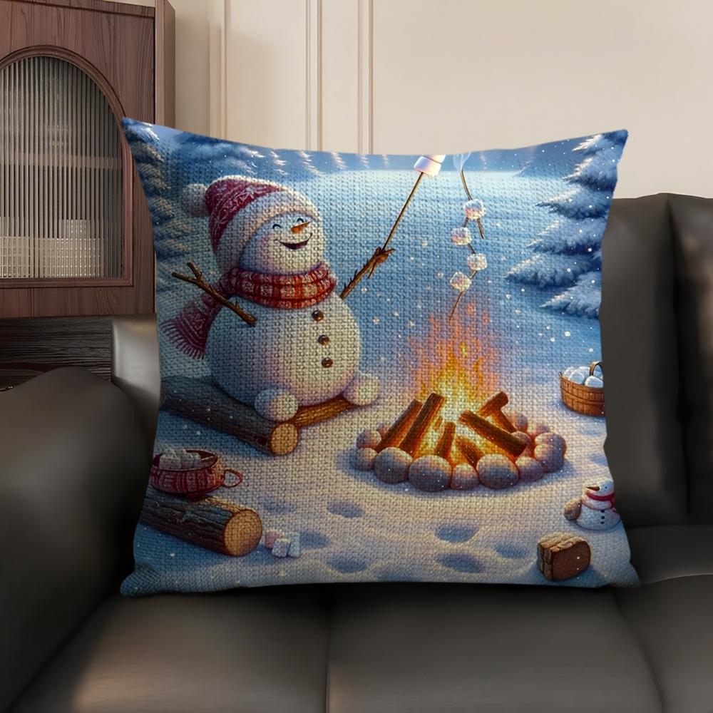 Cute Cartoon Winter Snowman Cushion Cover Natural Linen Organic Fabric DoubleSided Printing Sofa Home Decor Gift Pillow Case