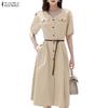 ZANZEA Women Casual V-Neck Solid Color Short Sleeve Dress