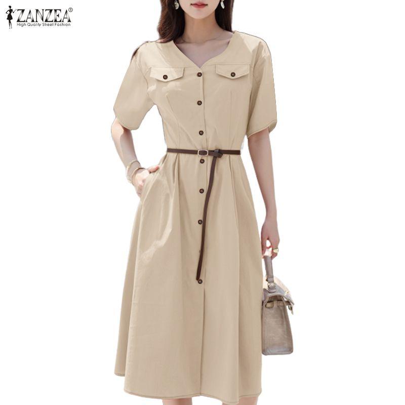 ZANZEA Women Casual V-Neck Solid Color Short Sleeve Dress