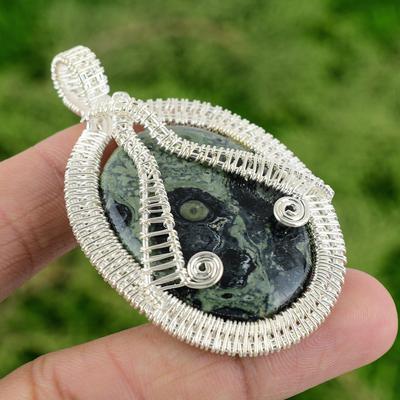 Kambaba Jasper Gemstone 925 Sterling Silver Wire Wrapping Unique Pendant Jewelry