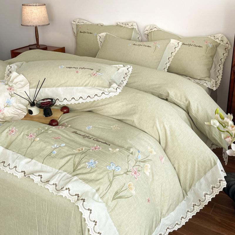 Juego de Cama de Lujo Francés Estilo Princesa de Algodón y Lino Bordado con Encaje de Cuatro Piezas con Funda Nórdica