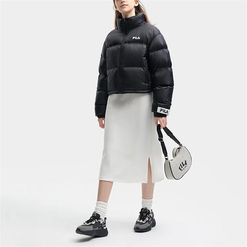 Fila Solid Color Logo Zip Stand Collar Long Sleeve Windproof Thick Down Jacket Unisex Outerwear Black F51W349901ABK