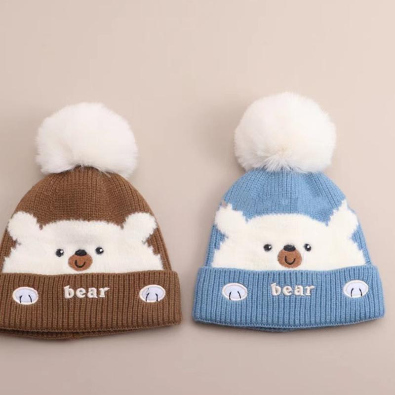 Niedliche Plüschkugel Baby Wollmütze Cartoon Bär Kinder Ohrenschutz Mütze 0-2 Jahre Kinder Winter Warme Überziehmütze Gestrickte Beanies
