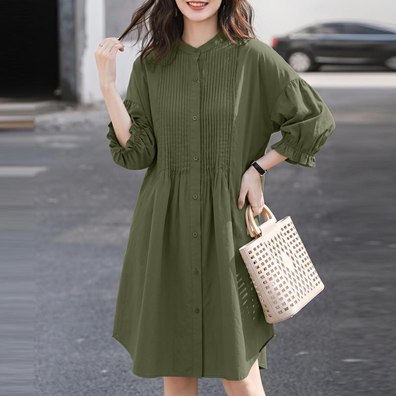 ZANZEA Women Stand Collar Solid Color Loose Long Sleeve Shirt Dress