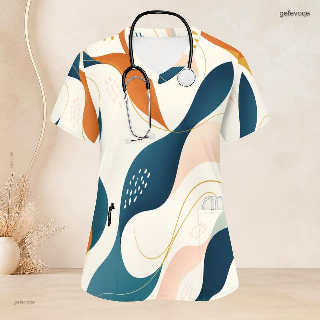 Women Plus Size V Neck Short Sleeve Abstract Printed Nurse Scrub Top With Front Pockets
