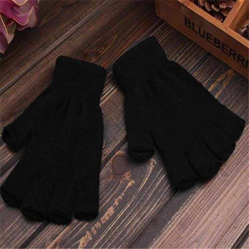 1Pair Unisex Black Half Finger Fingerless Gloves For Women And Men Wool Knit Wrist Cotton Winter Warm Work Mittens