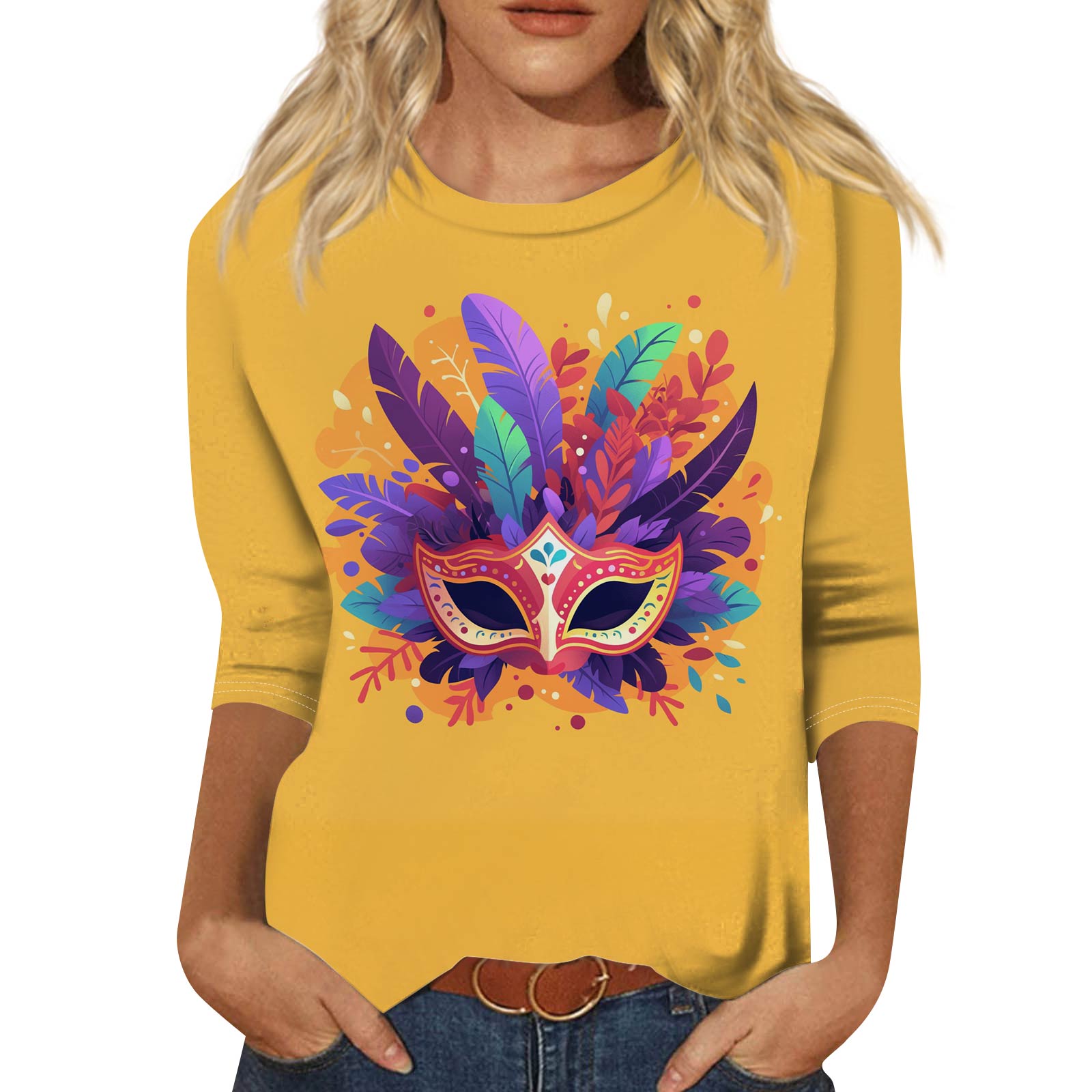 

Женский модный повседневный топ с рукавом три четверти и карнавальным принтом на горловине XL жёлтый