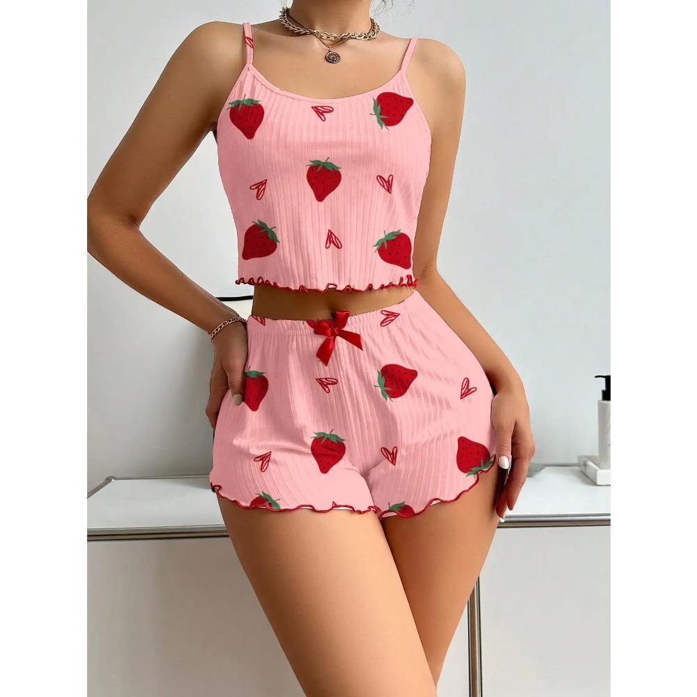 Women's Strawberry Print Ribbed Knit Ice Silk Camisole Pajama Set Comfortable Two-Piece Sleepwear for Summer