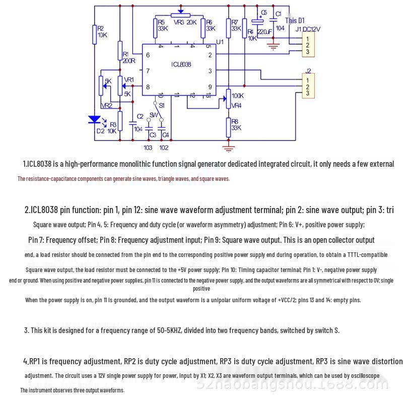 ICL8038 Signal Generator Kit: Sine, Square, Triangle Waves