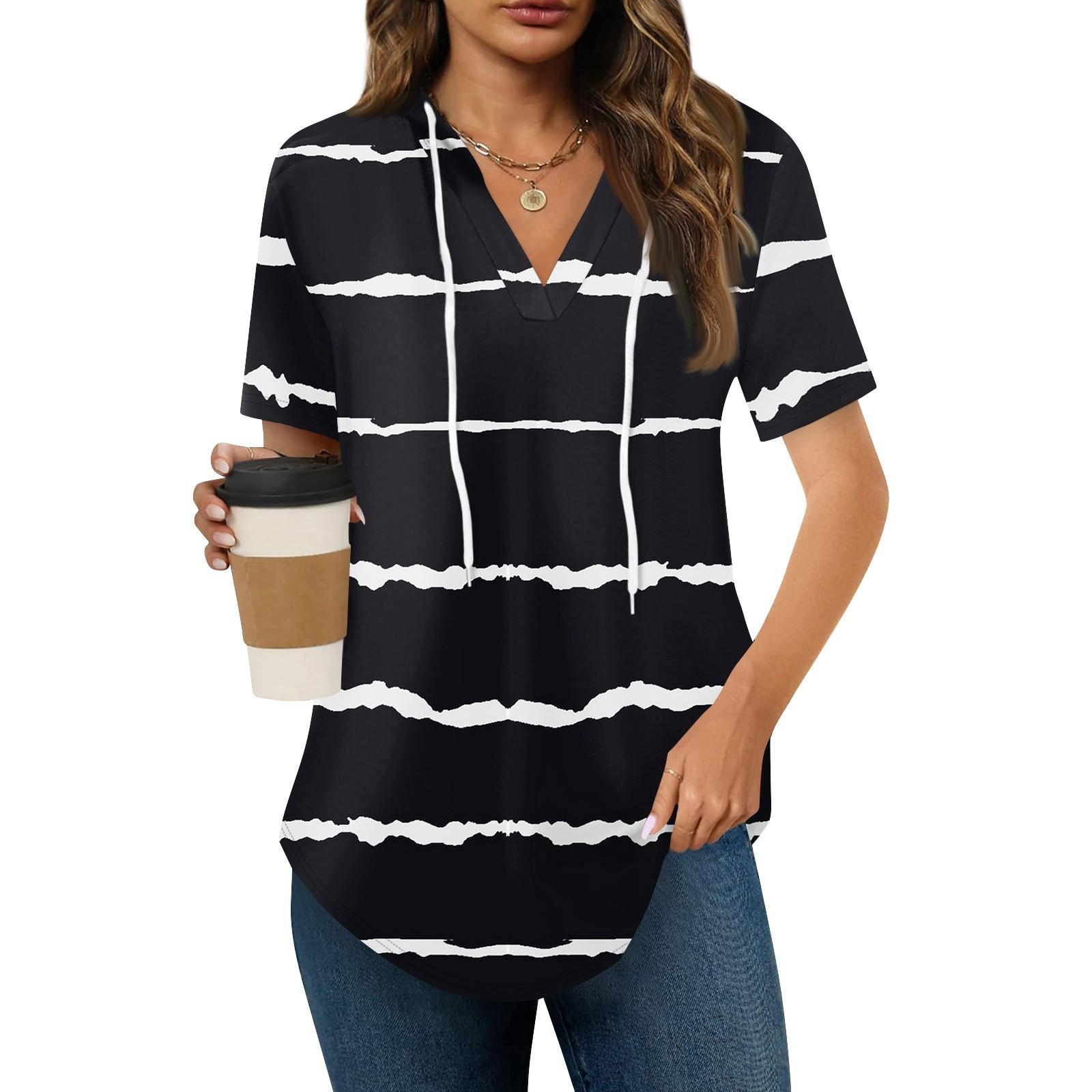 

Женские летние футболки с V-образным вырезом, толстовки с коротким рукавом, туники, повседневные свободные туники, толстовки XL чёрный