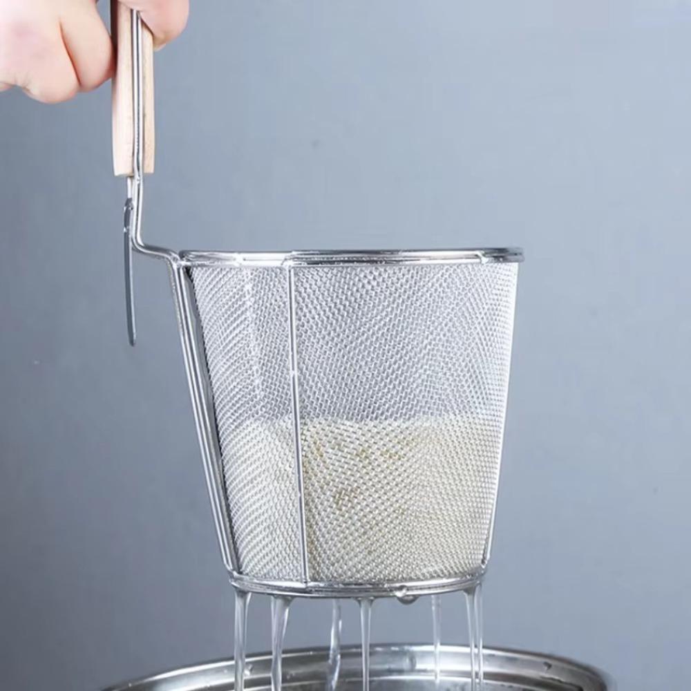 Thickened Stainless Steel Funnel Wooden Handle Kitchen Gadgets Vegetables Mesh Sieve Spoon Multifunctional Pasta Basket Strainer