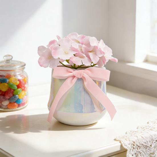 Künstliche Blume in Keramikvase mit Seidenband Weiches Realistisches Kunstblumen-Arrangement Heim Schreibtisch Tischplatte Dekoration