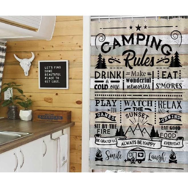 Camper RV Shower Curtain for Travel Trailer Bathroom, Farmhouse Camping Rules Quote Small Narrow Shorter Fabric Shower Curtains Set, Happy Camp