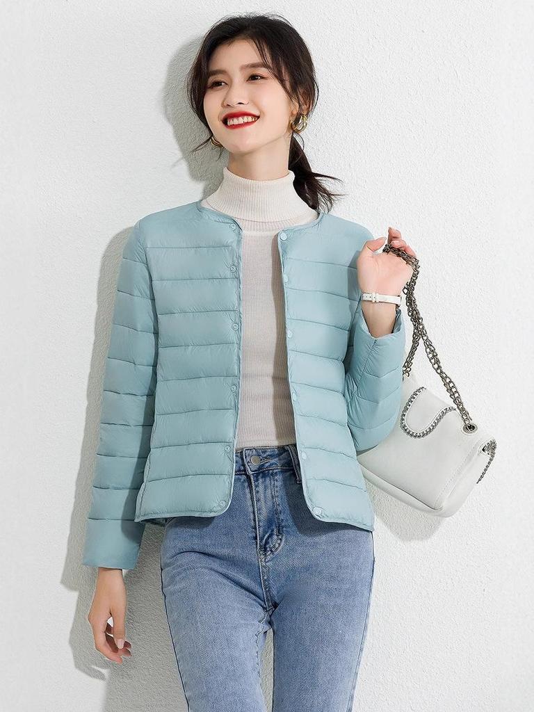 Women's Slim Fit Lightweight Crew Neck Down Jacket - Korean Style Warm Cotton-Padded Coat