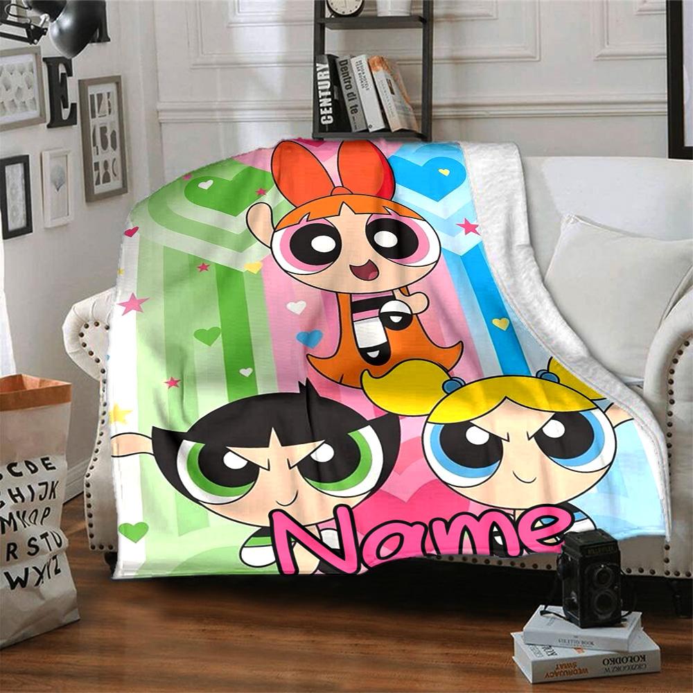 Custom Name Powerpuff Girls Adventure Flannel Blanket for Super Soft Cute Comfort Blanket for Travel Bedding Couch Sofa Blanket