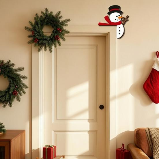 Creative Doorway Art Decorations Christmas Wooden Door Corner Sign, Santa Snowman Cat Cartoon Holiday Home Decor Ornaments Frame Decor, Reusable