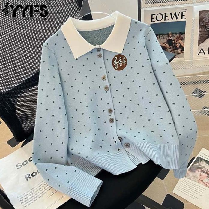 YYFS Women's Fashion Casual Fall Winter Polka Dot Print Long Sleeve POLO Neck Sweaters