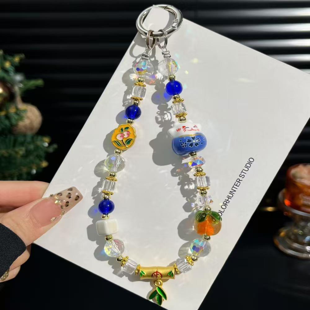New Lucky Cat Persimmon Mobile Phone Lanyard: Chinese Style Glazed Crystal Charm for Phones, Bags, and Keyrings