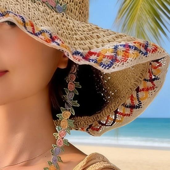 Women Handmade Straw Hat Embroidered Floral Chin Strap Sun Protection Hat Wide Brim Summer Beach Travel Hat