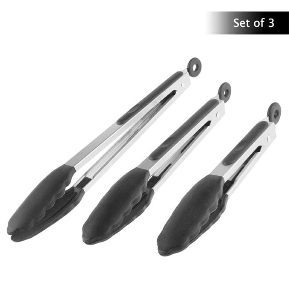 3 Piece Stainless Steel Kitchen Tongs Set with Silicone Tips Heat Resistant Nonstick Grip Cooking Grilling Serving and Baking