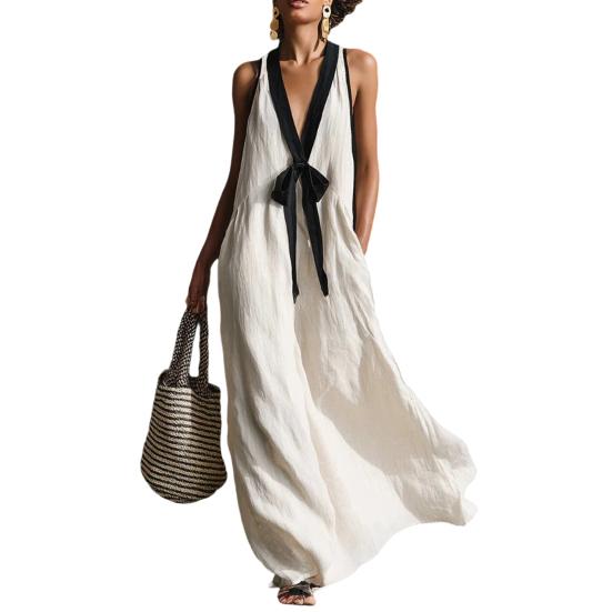 

Women Color Block Deep V Neck Maxi Dress Sleeveless Flowy Loose Long Tank Dress Summer Beach Vacation Sundress with Pockets M белый