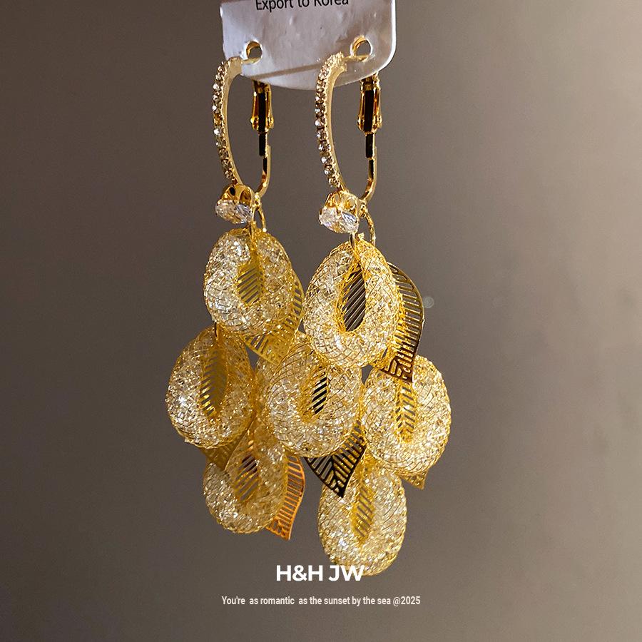 Silver Needle Zircon Leaf Fringed Earrings Light Luxury High-end Earrings European and American Fashion Versatile Earrings Design Sense Niche