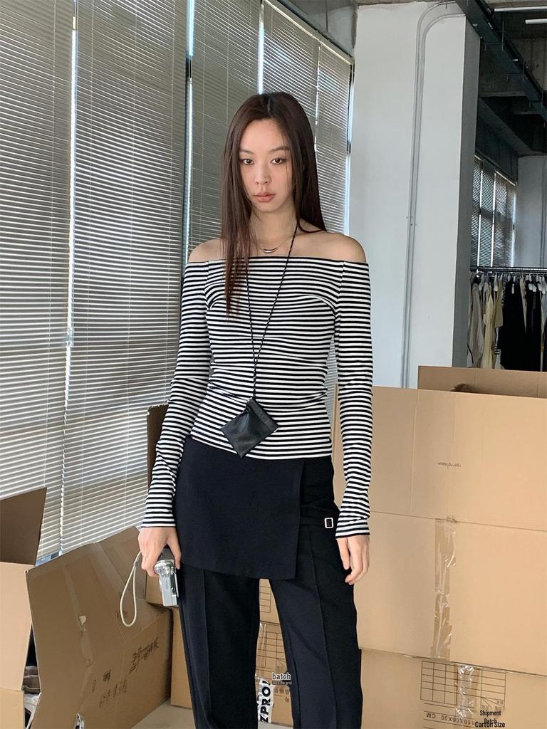 Dorothy Korea Spring Slim-Fit One-Shoulder Clavicle Long Sleeve T-Shirt Women
