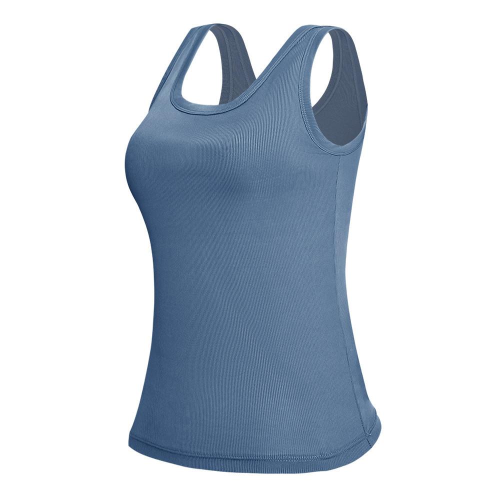 Nylon Spandex Solid Color Design Ladies Tank Top With Builtin Bra For Summer Casual Wear