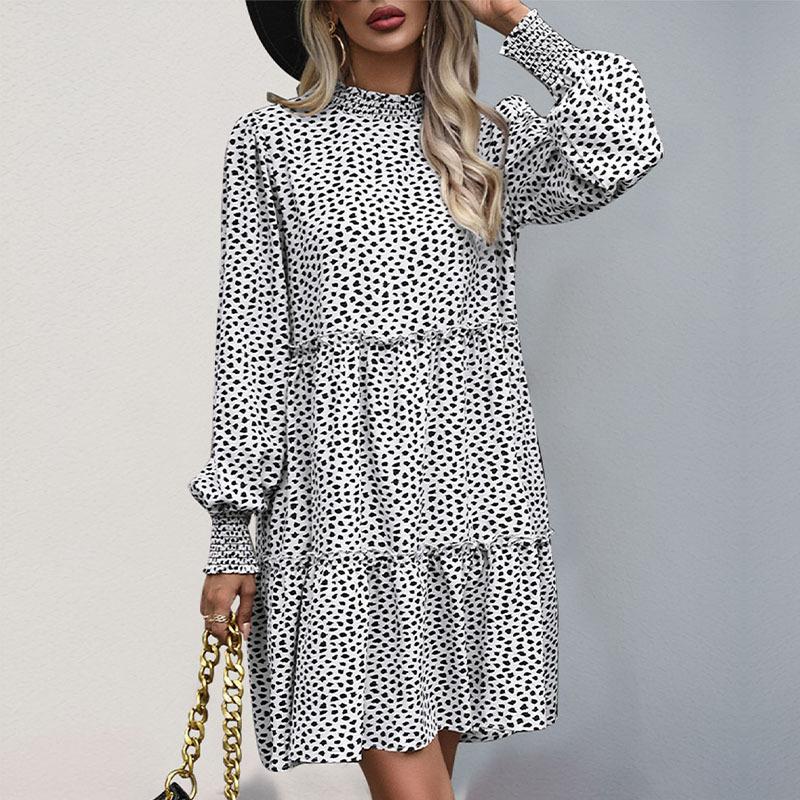 Autumn new retro loose semi-turtleneck leopard print dress S