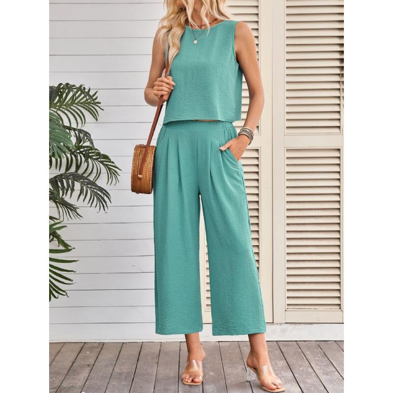 Women Summer Casual Sleeveless Vest Wide Leg Cropped Pants Two Piece Set