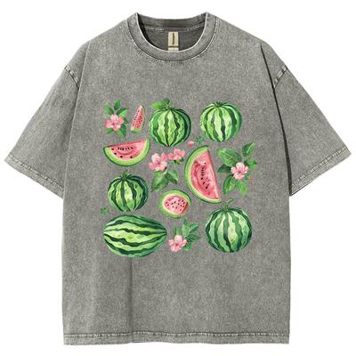Vintage Fruit Watermelon Graphic Print T-shirt Gothic Women Tshirts Washed Short Sleeved Man Tops Round Neck General Tee