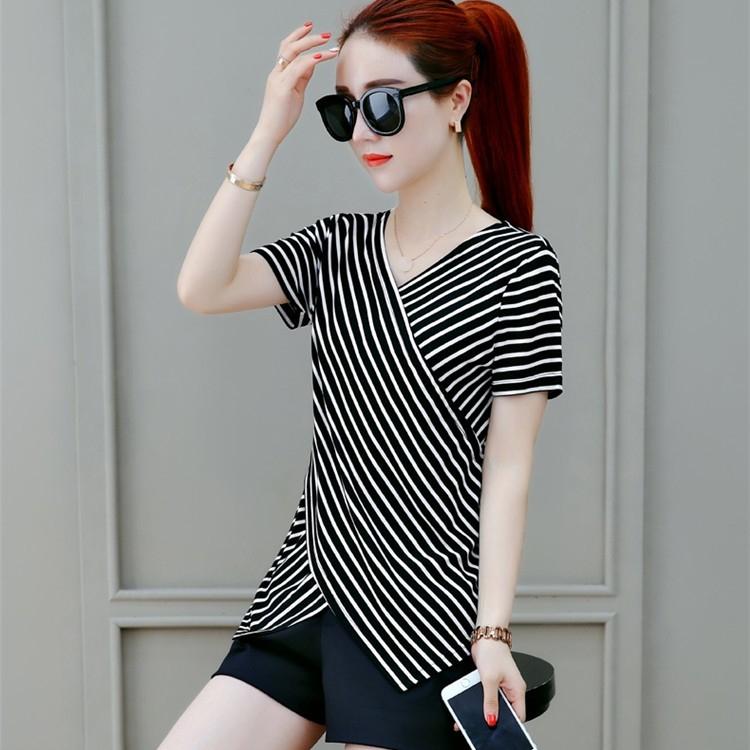 

Женский свободный топ в полоску, летняя футболка с v-образным вырезом, повседневный топ с короткими рукавами 3XL чёрный