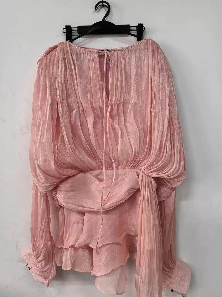 2025 French Style Puff Sleeve Ruffled Two-Piece Set with Pleated Short Skirt