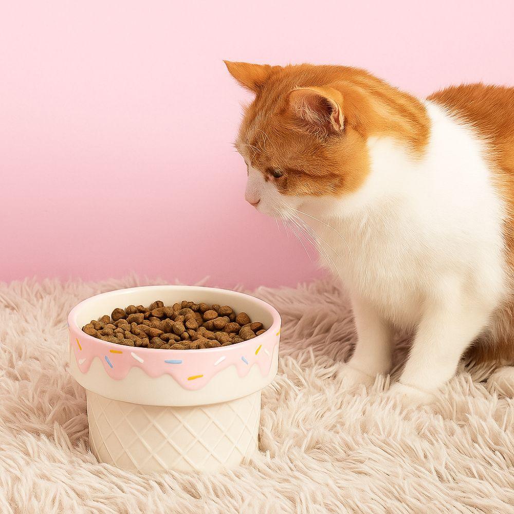 Large Diameter Cat Food Bowl Ice Cream Shape Elevated Cat Bowl Ceramic Cat Bowl  For Cats and Dogs