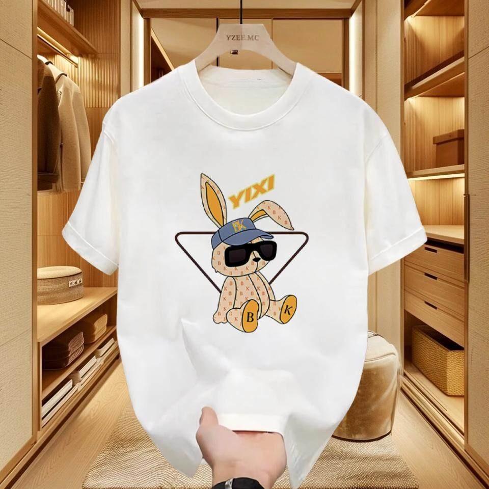 American Style Heavyweight Shortsleeved Tshirt Rabbit Print Mens and Womens Trendy Streetwear Crew Neck Pure Cotton