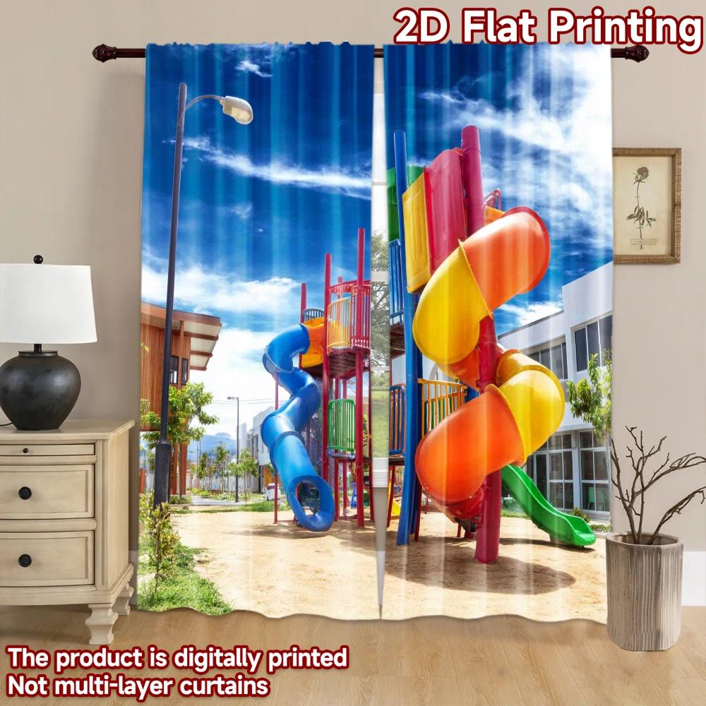 2D flat printing 2pcs Curtain Colorful Playground Slides Sunny Sky Digital Printed Polyester Drapes Festive Wall Decor Use for