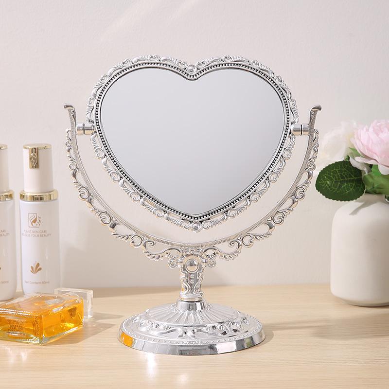 Heart-Shaped Double-Sided Rotating Vanity Mirror - Retro European Style Makeup Mirror for Bedroom