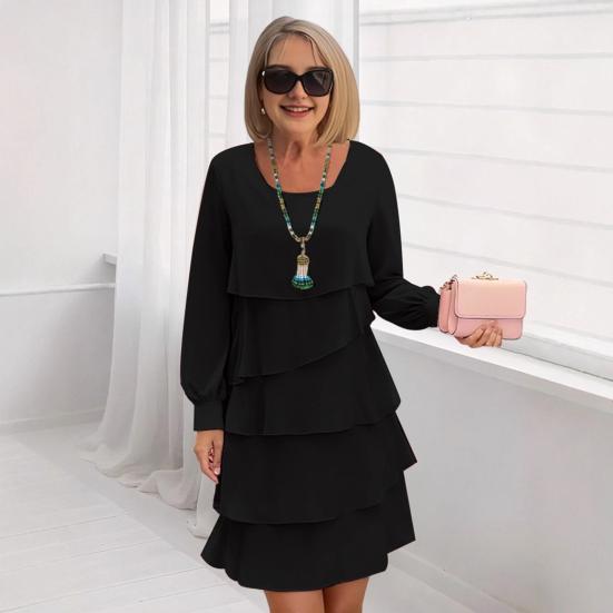 Women Dress Solid Color Multi Layered Cake Dress Round Neck