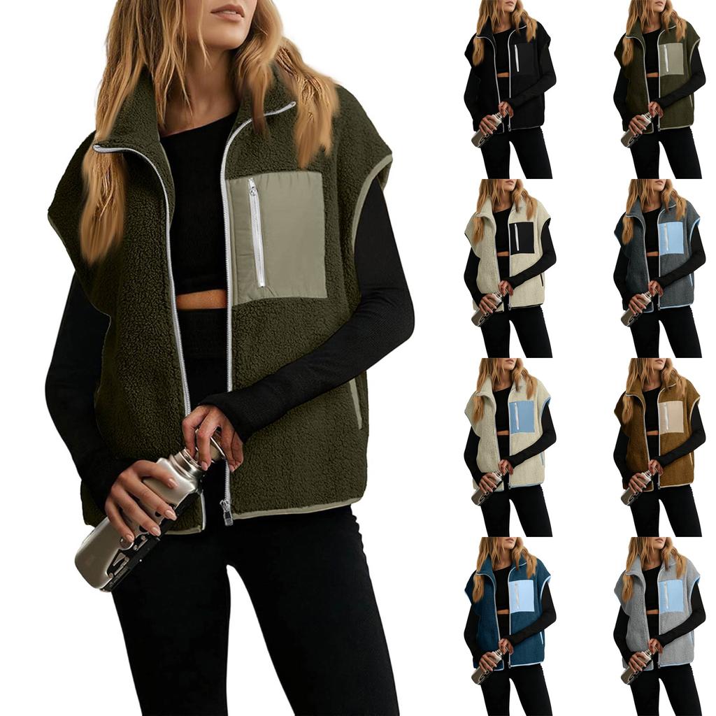 Women's Color-Block Vest Relaxed Fit Warm Casual Sleeveless Jacket
